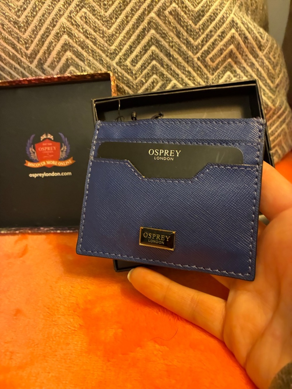 OSPREY London Cobalt Blue Leather Card Holder with Logo Plaque NWT- In Gift Box
